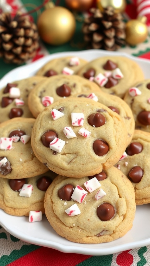 Peppermint Chocolate Chip Cookies Recipe A plate of peppermint chocolate chip cookies with chocolate chips and crushed peppermint on a festive table.